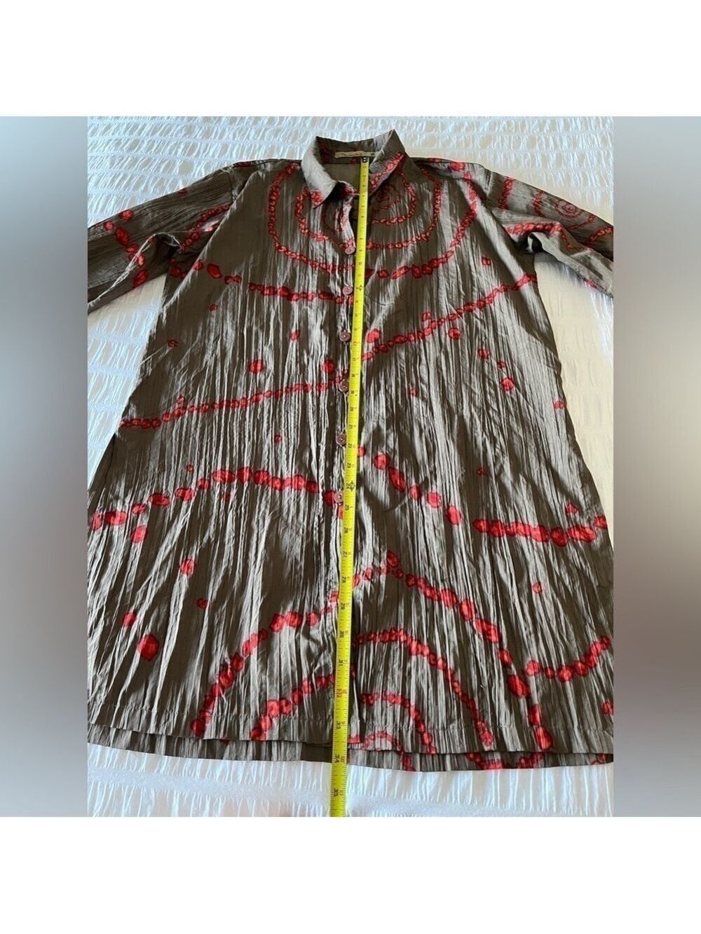 TARA VAO Tunic Blouse Button Front Spiral Splatter Pattern Crinkle Fabric Artsy - Picture 13 of 16